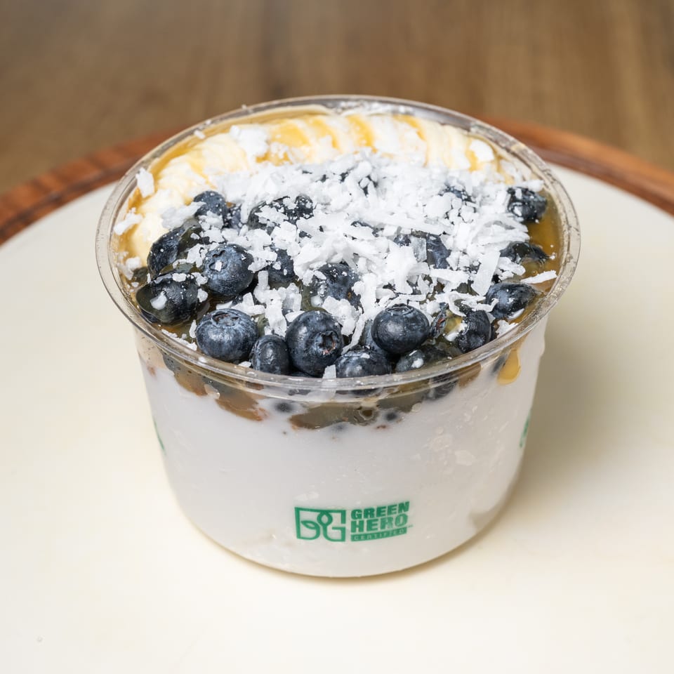 Creamy dessert cup topped with fresh blueberries, shredded coconut, and caramel sauce on a white plate.